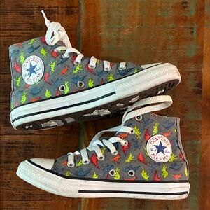 Converse Kids Gray High-Top Sneakers with Neon Dinosaur Print